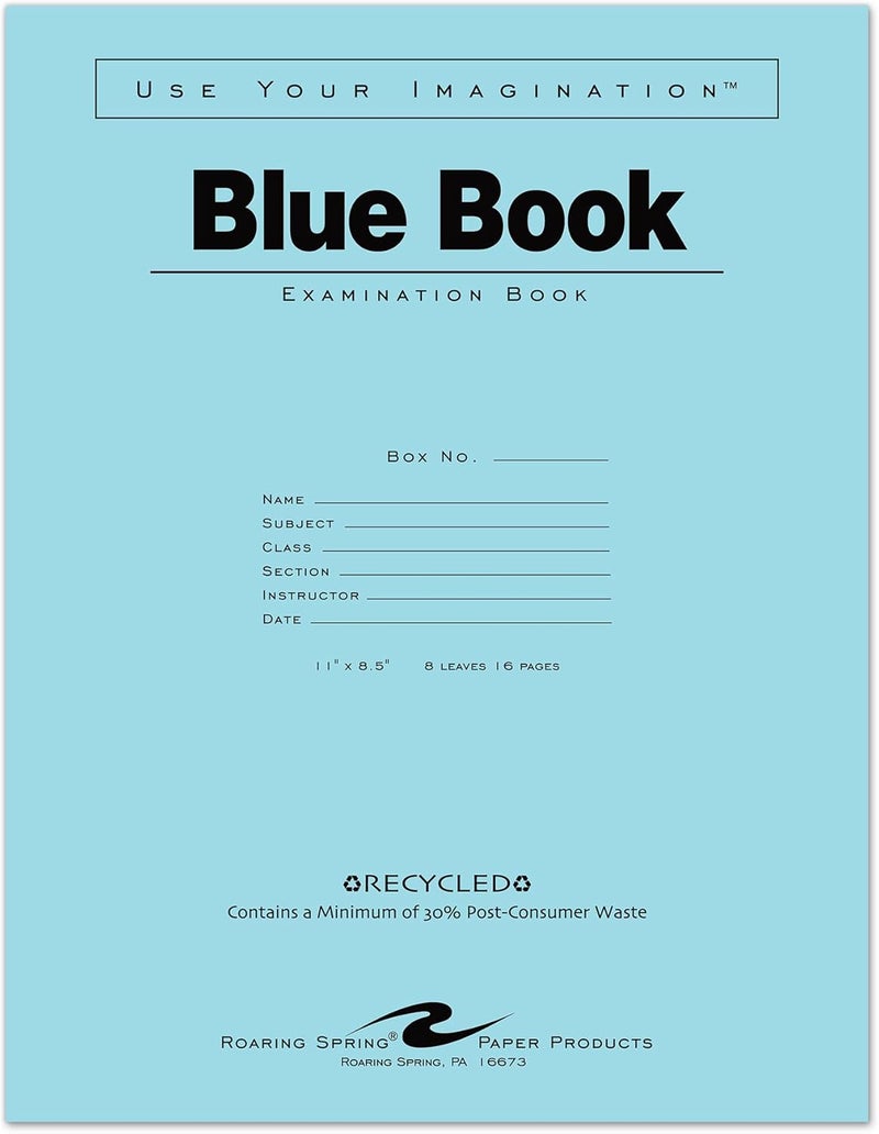 Roaring Spring Recycled Exam Blue Books, 50 School Examination Booklets, 11" x 8.5", 8 Sheets/16 Pages, Wide-Ruled with Margin Student Testbook, Made in USA - Image 1